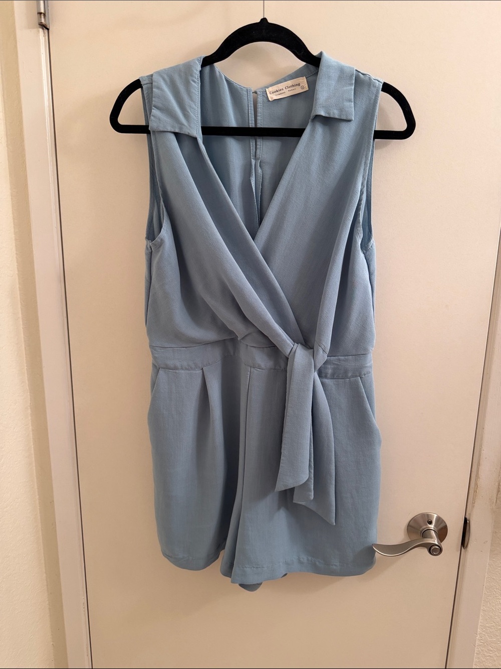 Sleeveless Light Blue Wrap Romper with Tie Waist